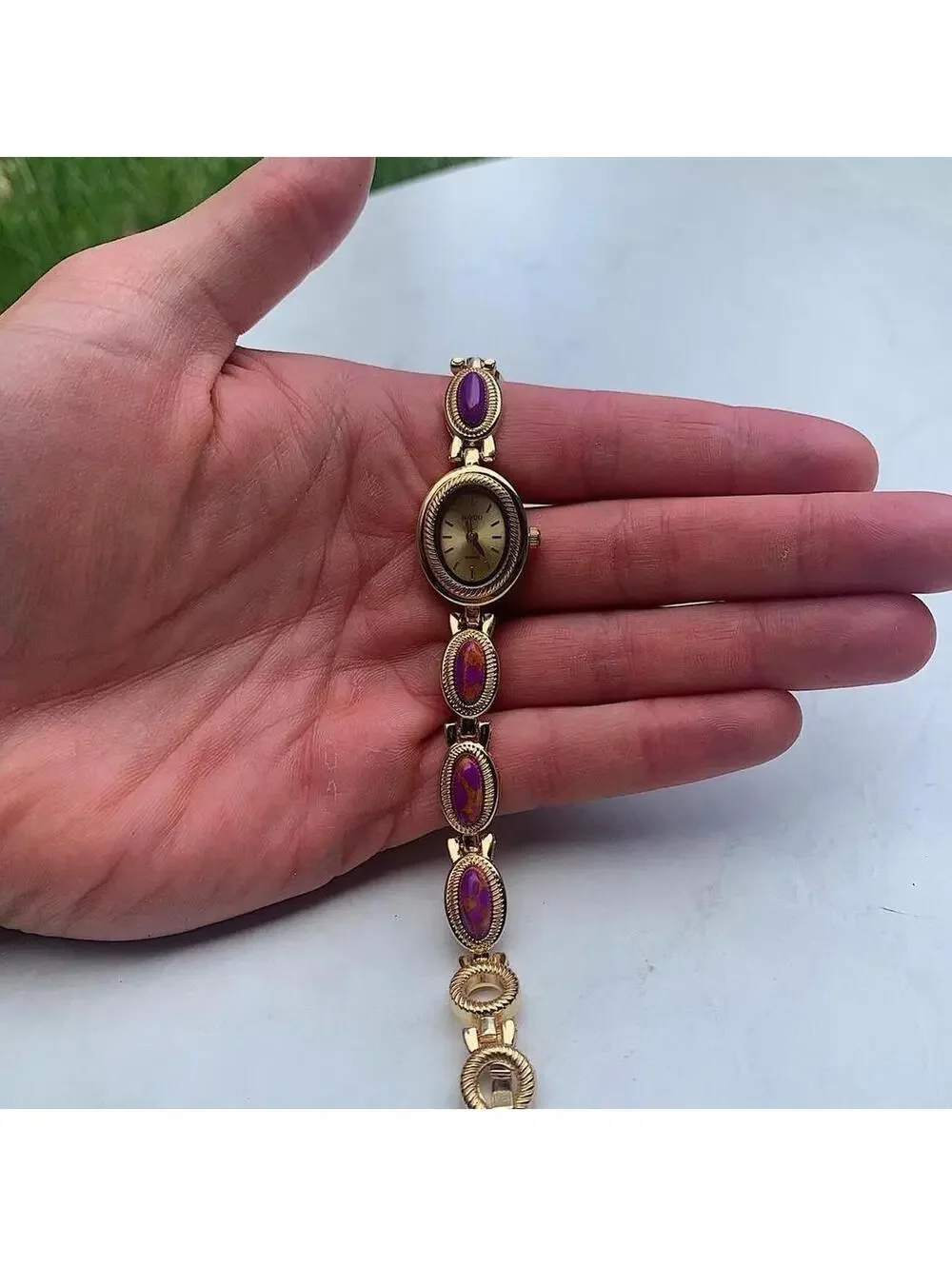 Y2k style Dainty cute Gold style tone quartz watch with purple jade stone opal